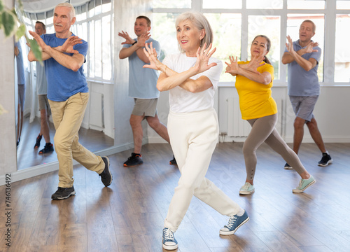 Quadro em tela Expressive cheerful woman participating in upbeat Zumba class for group of seniors in mirrored fitness studio