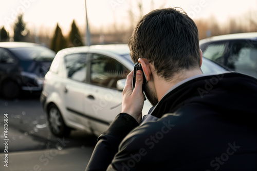 Man calling vehicle insurance on the phone because of an accident