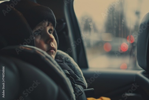 A blurred child's face seen through a raindrop-covered car window during an evening drive photo