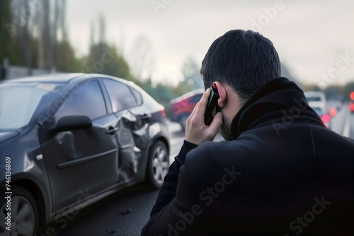 Man calling vehicle insurance on the phone because of an accident © Victor Mulero