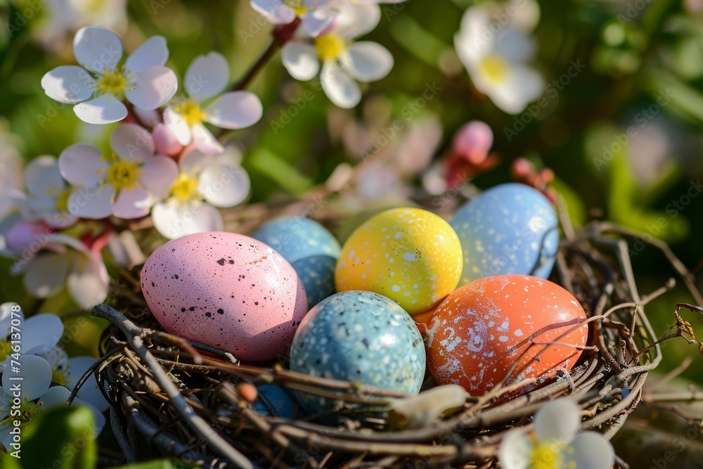 Vibrant Easter eggs in multiple colors rest in a twig nest surrounded by delicate spring flowers, symbolizing rebirth and joy Vibrant Easter eggs in multiple colors rest in a twig nest surrounded by delicate spring flowers, symbolizing rebirth and joy