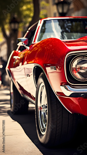 Stunning High Definition Image of a Glossy Red Vintage Muscle Car Bathed in Sunlight