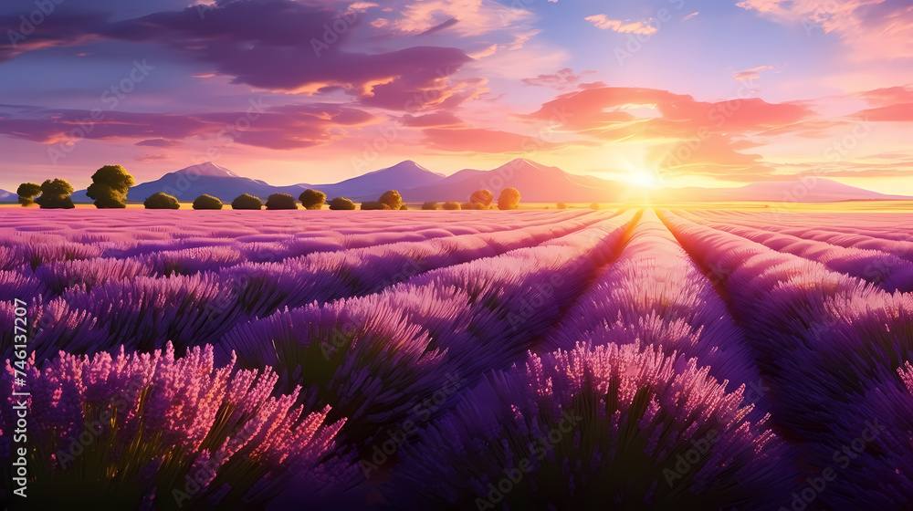 Fototapeta premium Panoramic view of lavender fields in bloom