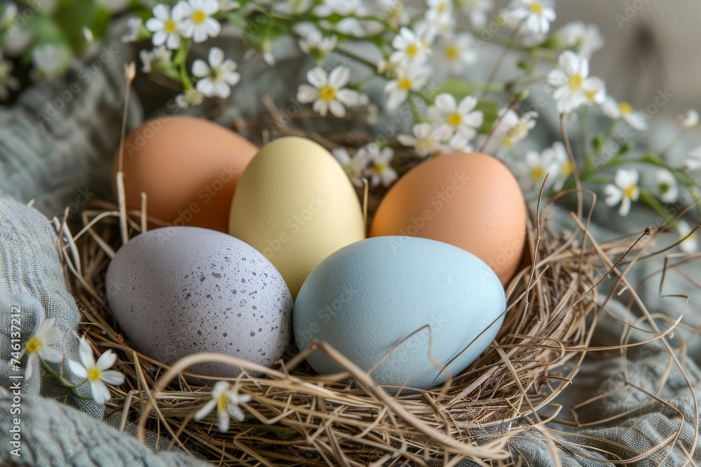 Earth tones and gentle light play over speckled Easter eggs in a nest, warmly surrounded by cheerful white daisies Earth tones and gentle light play over speckled Easter eggs in a nest, warmly surrounded by cheerful white daisies