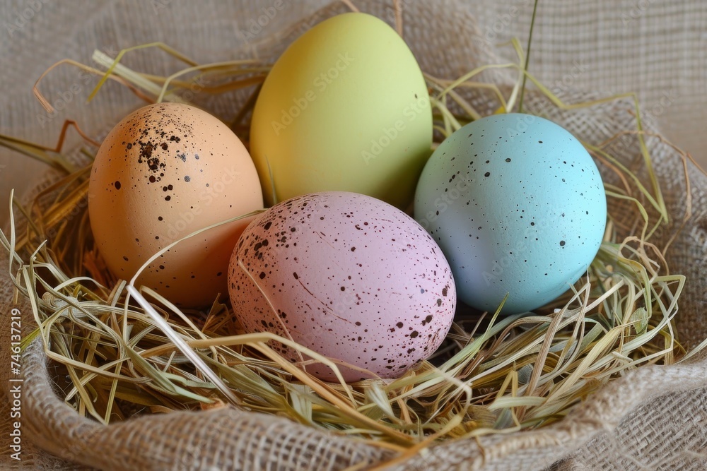 Four pastel colored Easter eggs placed in a straw nest with a rustic burlap background, evoking a cozy, springtime mood Four pastel colored Easter eggs placed in a straw nest with a rustic burlap background, evoking a cozy, springtime mood