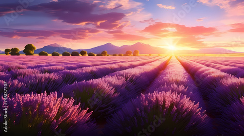 Panoramic view of lavender fields in bloom