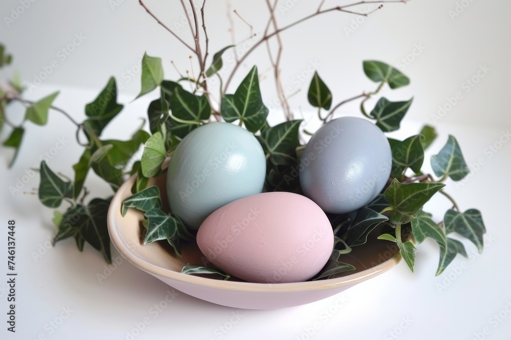 Simple yet captivating image of a trio of colored eggs nested in a bowl embraced by green ivy leaves, portraying a sense of renewal Simple yet captivating image of a trio of colored eggs nested in a bowl embraced by green ivy leaves, portraying a sense of renewal