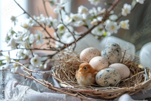 A charming scene of easter eggs with a cute chick among a blooming branch in a cozy nest © Milos