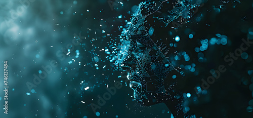 a man's head with water flying in front of th em, in the style of futuristic fragmentation, glitter and diamond dust photo