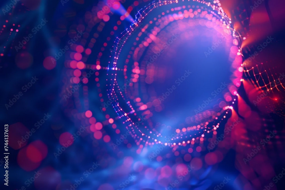 Obraz premium a sonic web with dots and rings on its blue background with lens flare and multifaceted geometry, intertwined networks Generative AI.