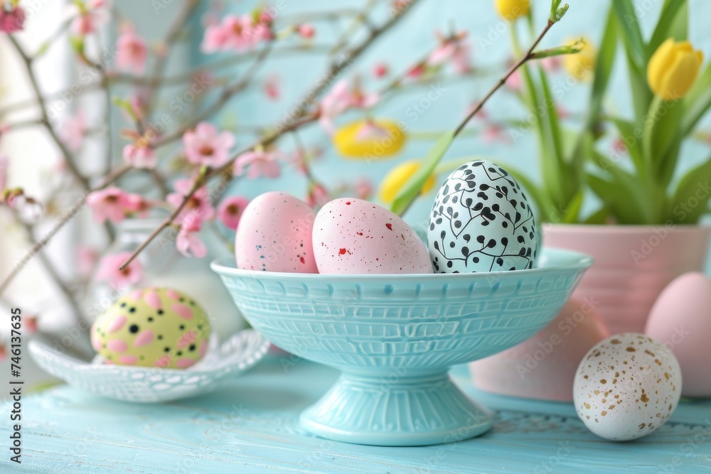 Fototapeta premium Vibrant Easter eggs with playful patterns are presented in an elegant blue ceramic bowl, symbolizing joy and festivity of the season