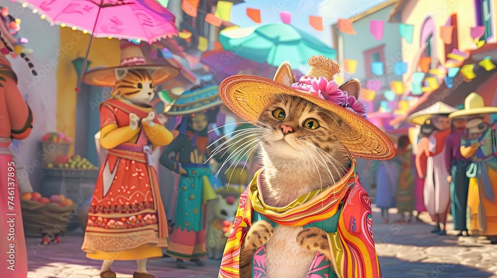Fototapeta premium 3D cat exploring a pastel-hued folk market, dressed in traditional garb, full of life and color