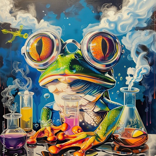 Whimsical giant lab frog with goggles, mixing colorful chemicals, steam clouds around photo