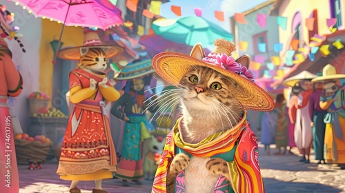 3D cat exploring a pastel-hued folk market, dressed in traditional garb, full of life and color