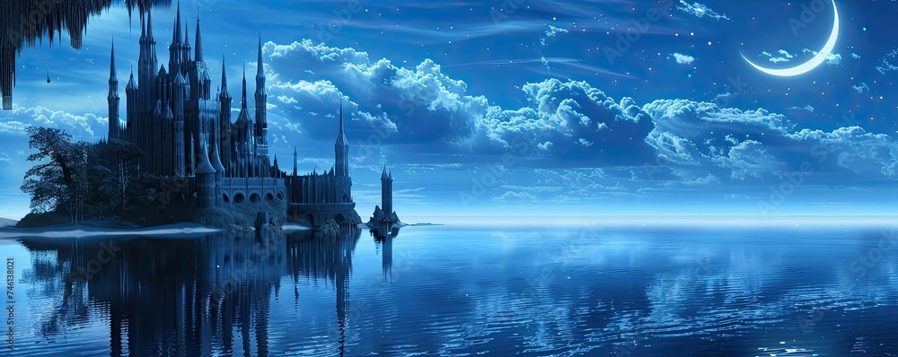 Dark ocean fantasy, Atlantis castle at twilight, its spires mirroring in the still water, under a crescent moon Dark ocean fantasy, Atlantis castle at twilight, its spires mirroring in the still water, under a crescent moon
