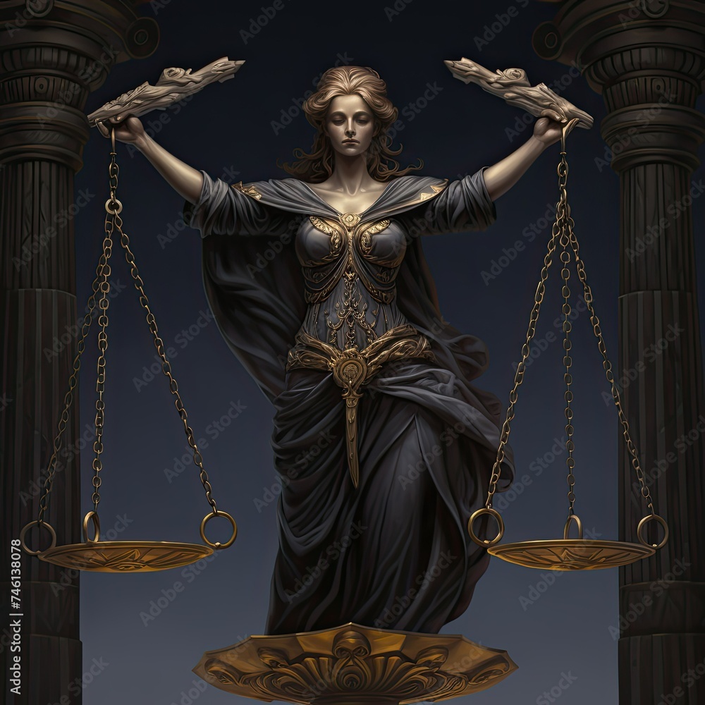 Obraz premium Justice card and Libra's balance cast in shadows, a figure weighing moral depths beyond sight