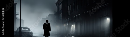 Film noir A detective silhouette in a foggy, retro city alley, mystery and intrigue in the air