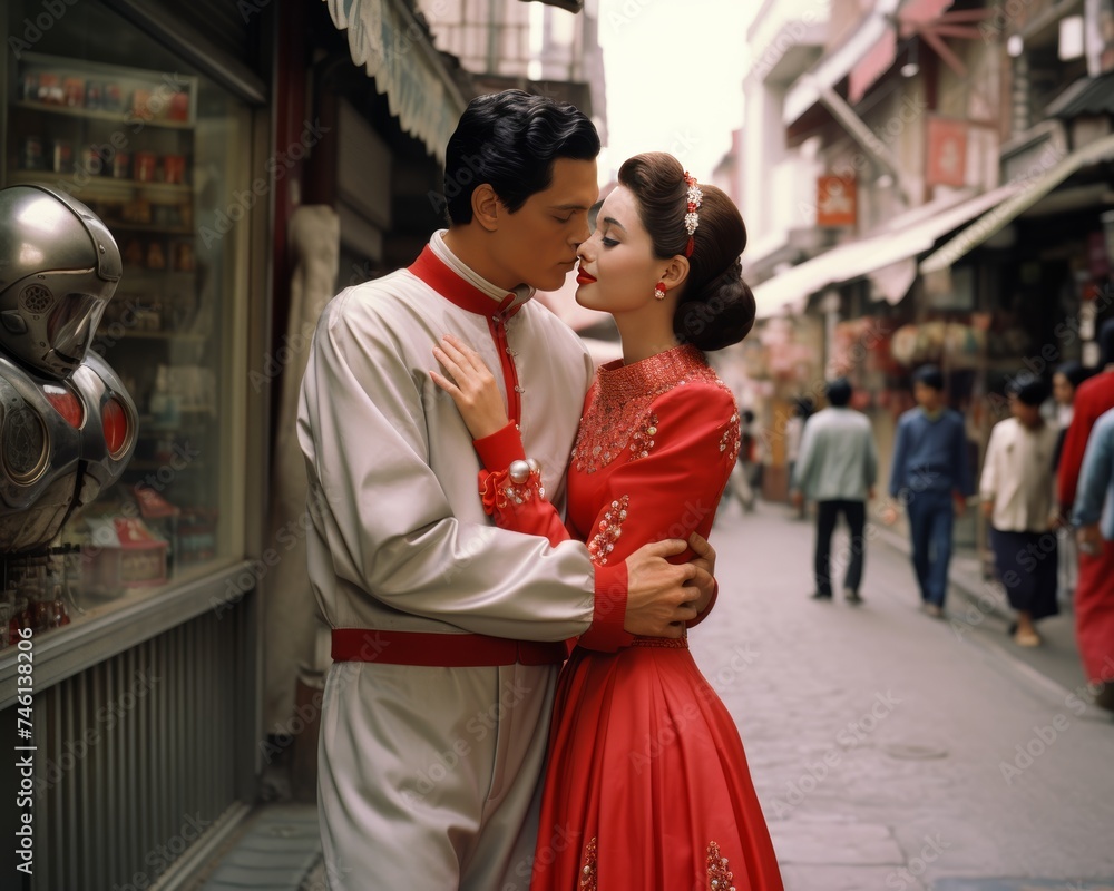Stylish couple in love, tokyo 1957 - retro disco-futurism, professional models in stylish clothing Stylish couple in love, tokyo 1957 - retro disco-futurism, professional models in stylish clothing