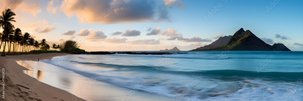 Pristine Hawaiian Beachscape at Sunset: A Tropical Paradise Unleashed - obrazy, fototapety, plakaty 