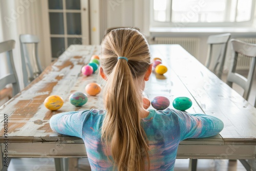 Rear view of a young girl contemplating a row of colorful Easter eggs laid out on a long wooden table photo
