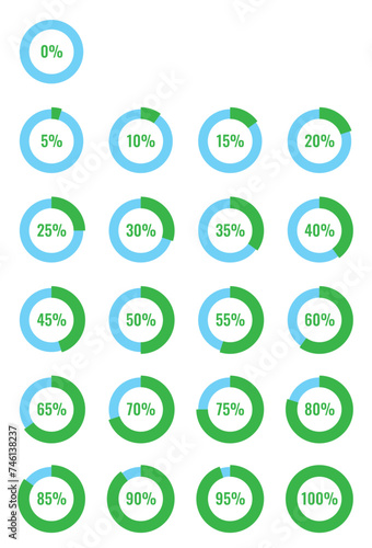 Infographic vector set of percentage pie chart icons 0, 5, 10, 15, 20, 25, 30, 35, 40, 45, 50, 55, 60, 65, 70, 75, 80, 85, 90, 95, 100