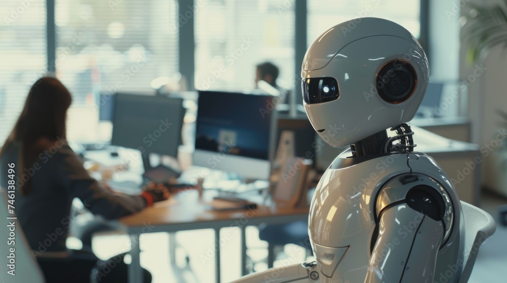 a robot is sitting at a desk with people in office workspace