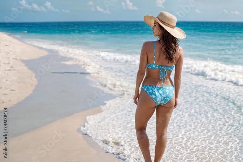 Back view of young woman in swimsuit and straw hat on tropical beach. A woman in a bikini stands on a beach. © vachom