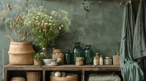 Rustic Home Decor with Natural Elements and Textured Green Background