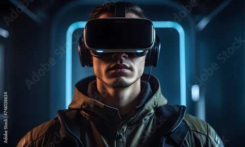 A young man in VR gear is enveloped by the cool blue illumination of his headset, a deep dive into the simulated realities that await. His focused demeanor conveys his full immersion in the game. AI © video rost