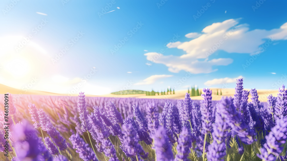 Obraz premium A field of lavender flowers with a blurry sky in the background