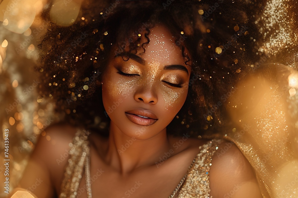 African American woman in gold on golden sparkling background, girl in golden dress. Luxury and premium photography for advertising product designhigh-resolution, high quality 8k photo African American woman in gold on golden sparkling background, girl in golden dress. Luxury and premium photography for advertising product designhigh-resolution, high quality 8k photo