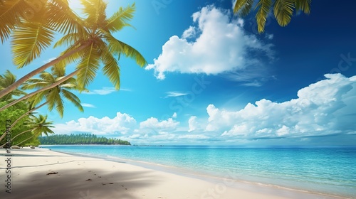 Tropical summer beach sand and beautiful sky with coconut palm tree background