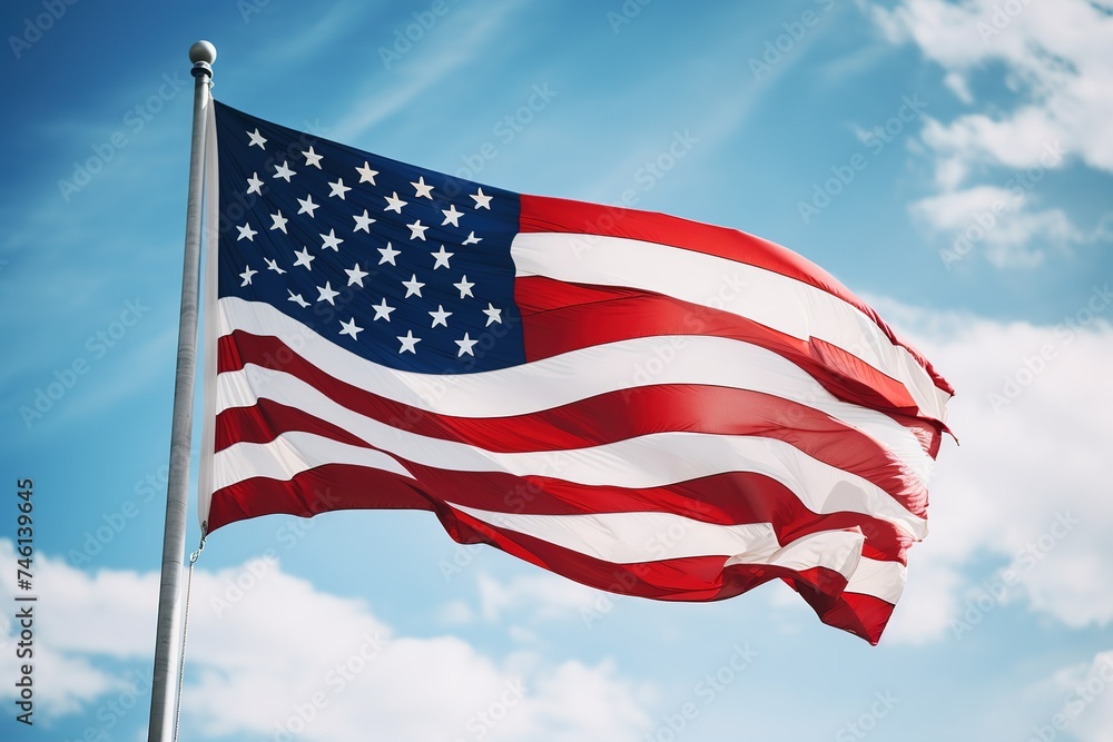 USA flag flying on the blue sky USA flag flying on the blue sky