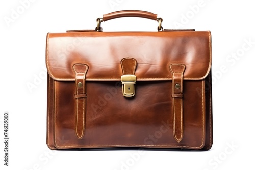 Vintage brown leather briefcase with brass buckles, classic design, and fine craftsmanship, ideal for professionals, isolated on a white background photo