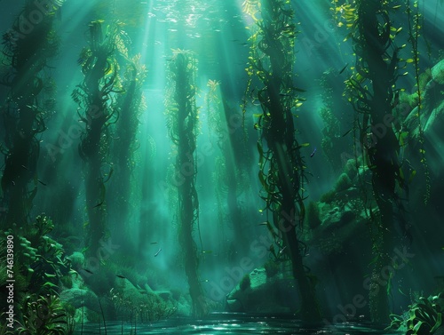 6Kelp Forest Underwater Paradise Illuminate the dense ethereal beauty of a kelp forest teeming with marine life Use minimal lighting to highlight the forests intricate details and textures