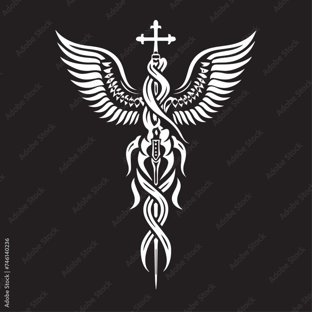 Fototapeta premium Caduceus health in cartoon, doodle style . Image for t-shirt, web, mobile apps and ui. Isolated 2d vector illustration in logo, icon, sketch style, Eps 10, black and white. AI Generative