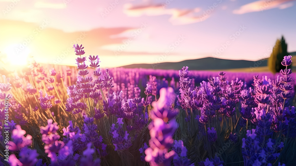 Obraz premium A field of lavender flowers with a blurry sky in the background