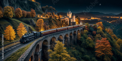 Train Ziping through the countryside Castle in the background