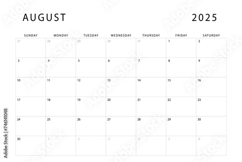 August 2025 calendar. Monthly planner template. Sunday start. Vector design