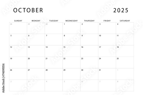 October 2025 calendar. Monthly planner template. Sunday start. Vector design