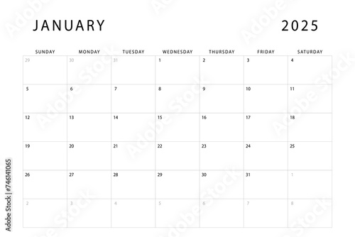 January 2025 calendar. Monthly planner template. Sunday start. Vector design