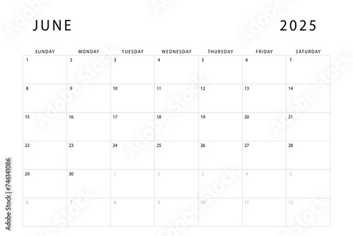 June 2025 calendar. Monthly planner template. Sunday start. Vector design