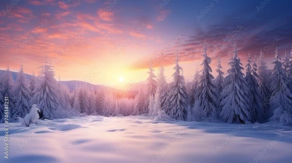Winter landscape wallpaper with pine forest covered with snow and scenic sky at sunset. Snowy fir tree in beauty nature scenery Winter landscape wallpaper with pine forest covered with snow and scenic sky at sunset. Snowy fir tree in beauty nature scenery
