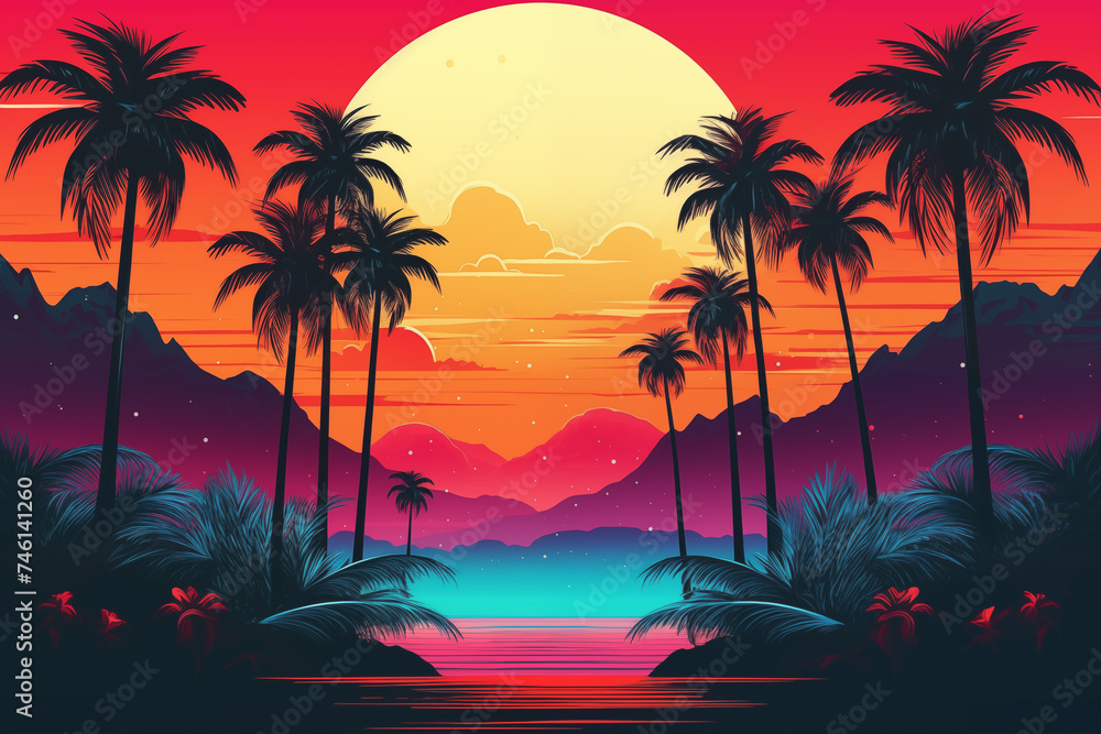 Sunset Scene With Palm Trees and Mountains. Generative AI.