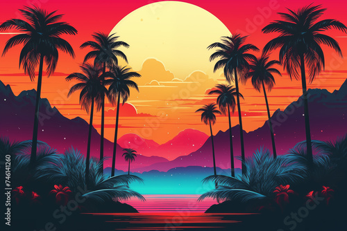 Sunset Scene With Palm Trees and Mountains. Generative AI. © YULIIA