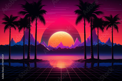 Sunset With Palm Trees and Mountains. Generative AI.