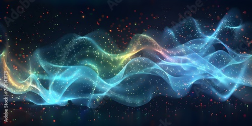 Blue and Green Gradient Light Waves with Flowing Dot Particles on Black Seamless Background. Concept Gradient Waves, Dot Particles, Black Background, Blue and Green Colors, Seamless Pattern