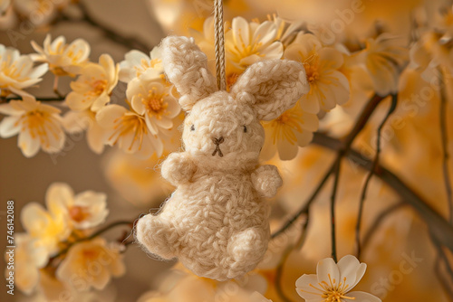 Easter bunny hanging decoration on artificial orange blossom tree