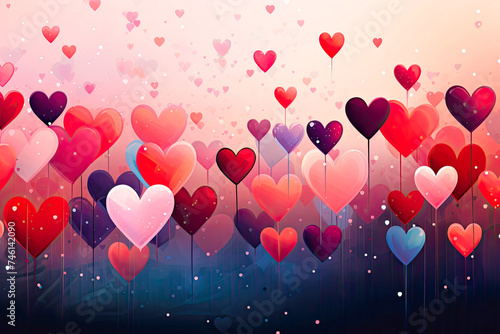 Numerous red  pink  and white hearts are floating in the air  creating a whimsical and romantic scene. The hearts are varying in sizes and drifting gently upward