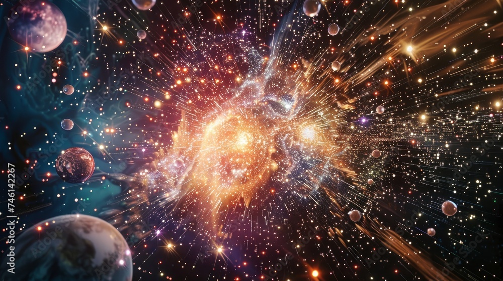An abstract representation of the metaverse, resembling a starry sky or space, composed of points, lines, and shapes resembling planets, stars, and the universe An abstract representation of the metaverse, resembling a starry sky or space, composed of points, lines, and shapes resembling planets, stars, and the universe
